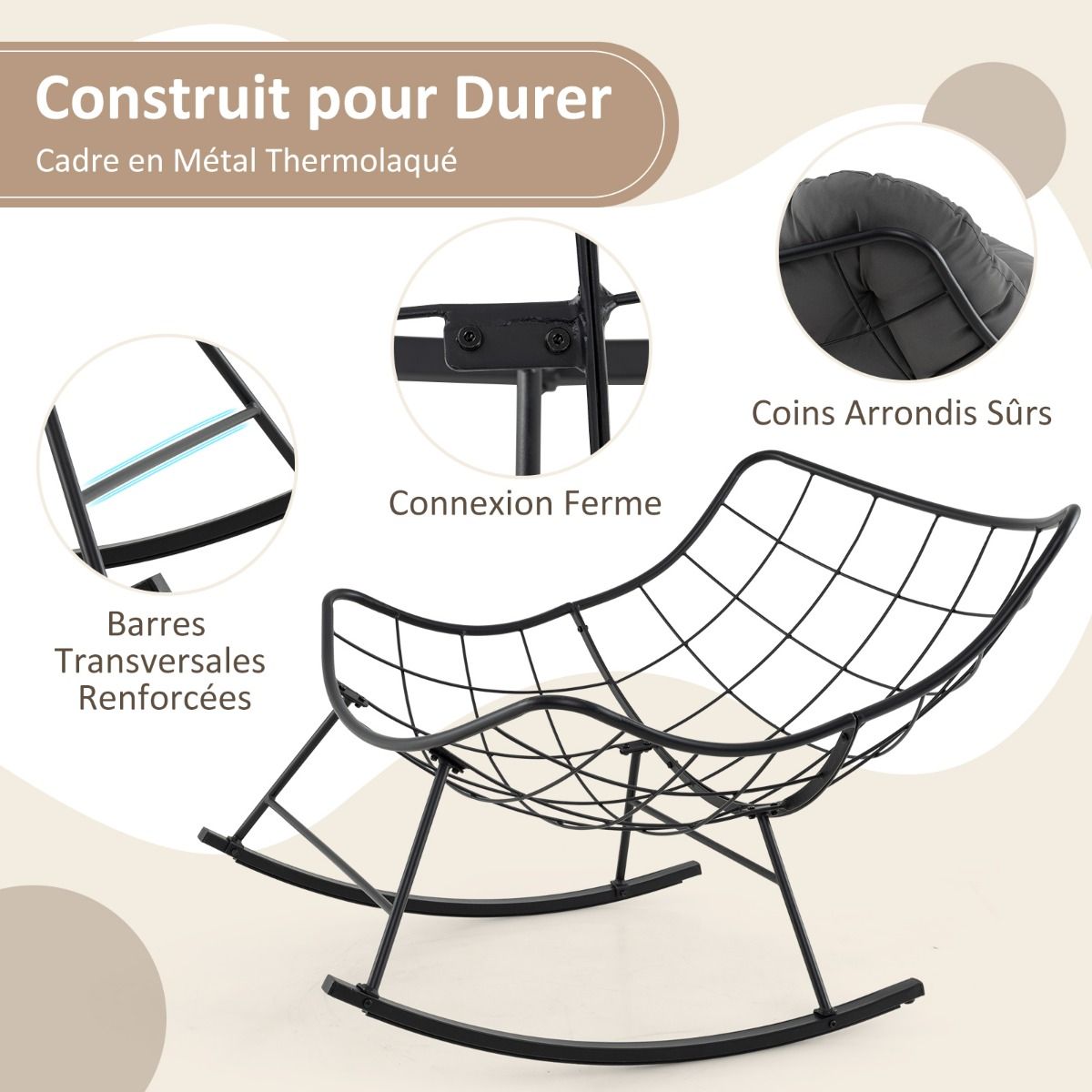 Chaise à Bascule d'Intérieur et d'Extérieur Chaise Papasan Surdimensionnée avec Coussin Rembourré & Cadre en Métal Capacité 205 Kg Gris -