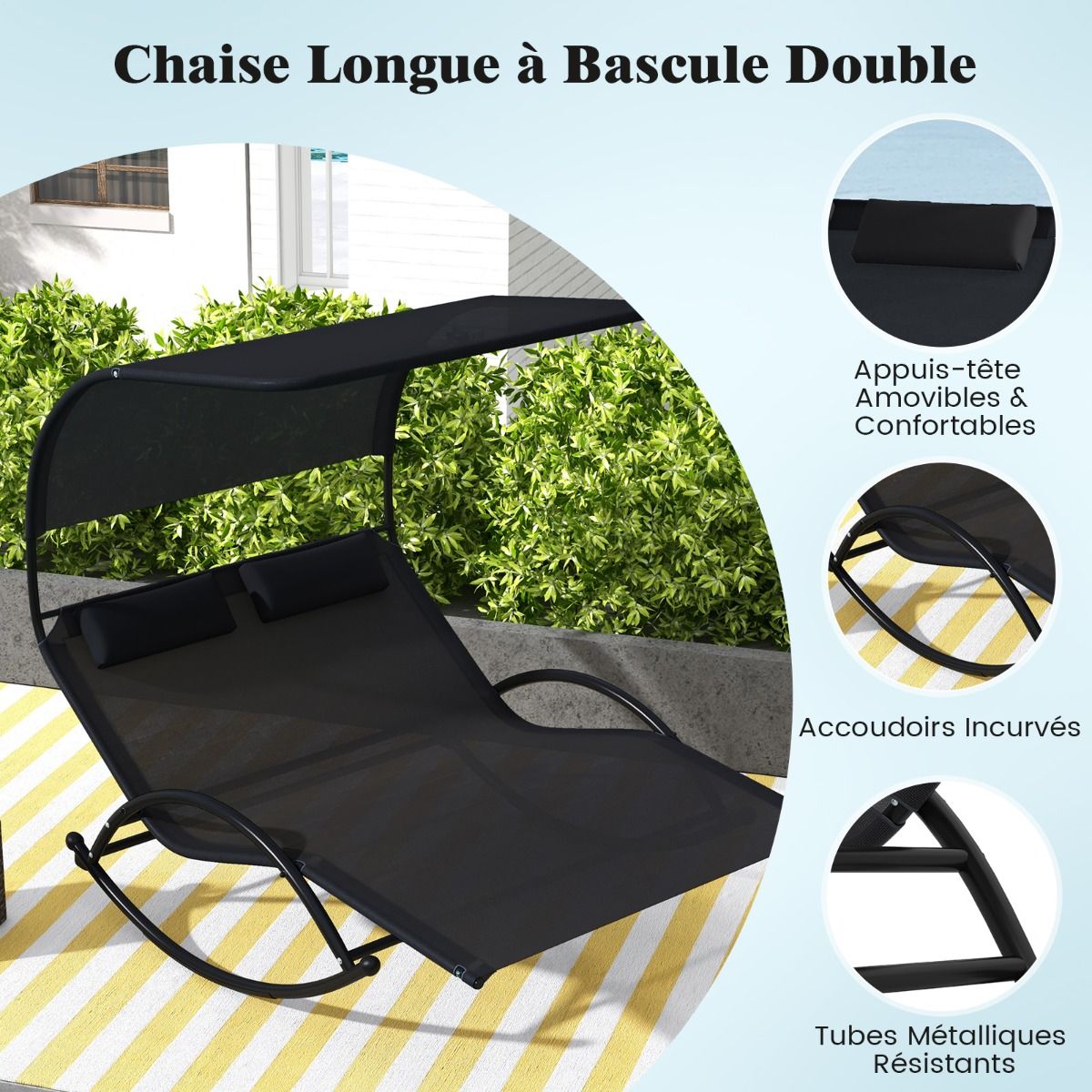 Chaise Longue Double Chaise Bascule pour 2 Personnes 2 Appui-T锚tes Amovibles Cadre en Mtal Robuste Lit de Repos Ergonomique 2 Places Gris/Noir/Beige -