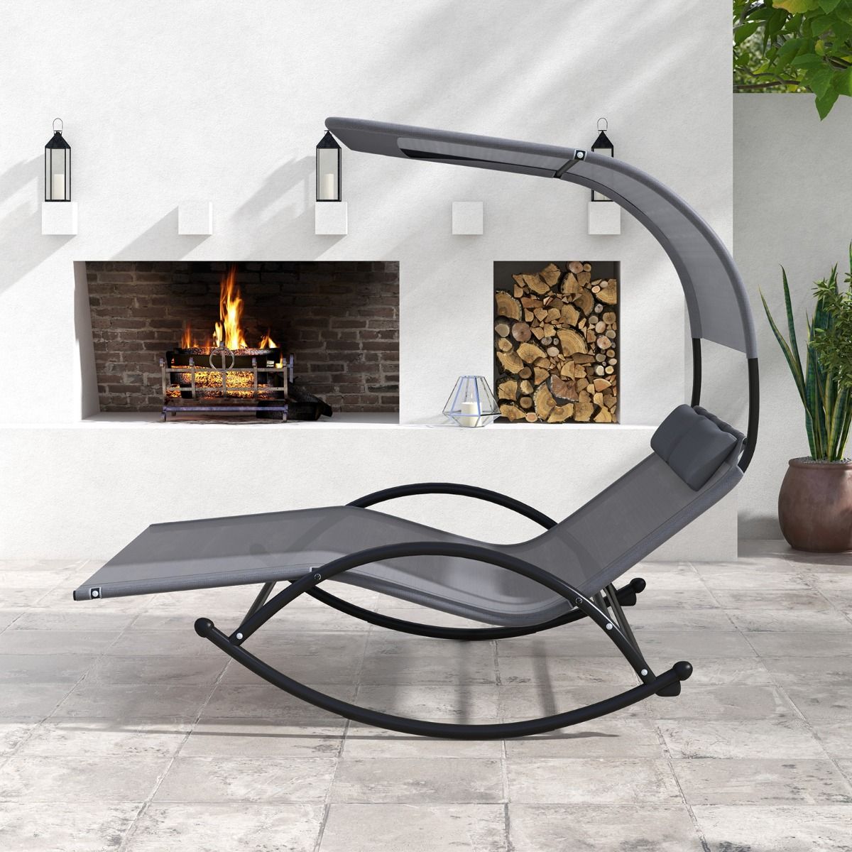 Chaise Longue Double Chaise Bascule pour 2 Personnes 2 Appui-T锚tes Amovibles Cadre en Mtal Robuste Lit de Repos Ergonomique 2 Places Gris/Noir/Beige -
