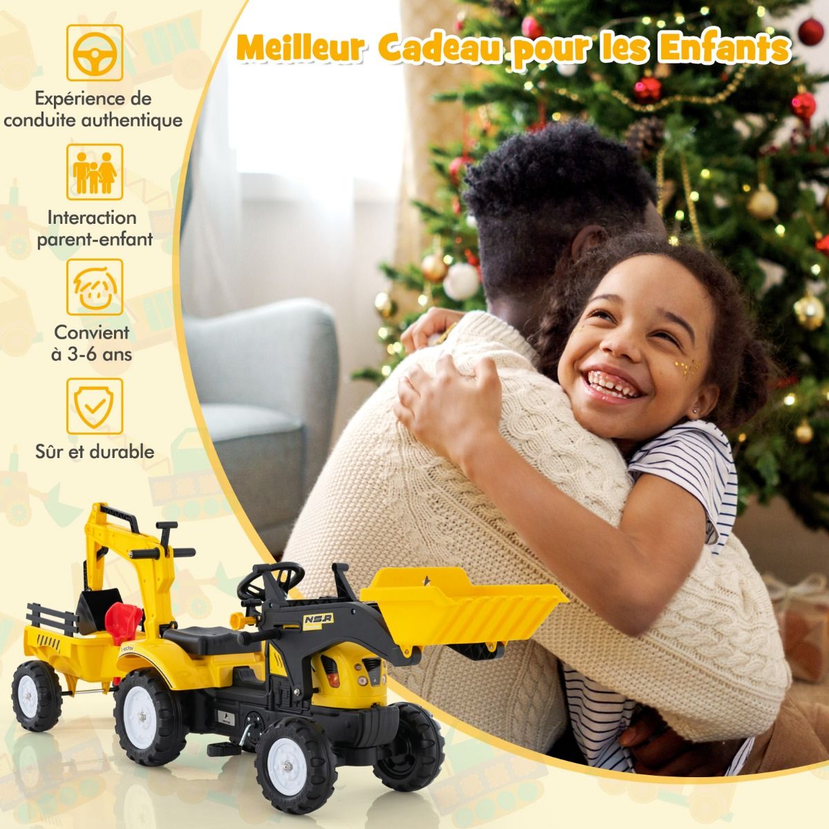 3 en 1 Tracteur pour Enfant avec 6 Roues Jouet Pelle Remorque Amovible avec Volant Klaxon 3 6 Ans Jaune/Vert -