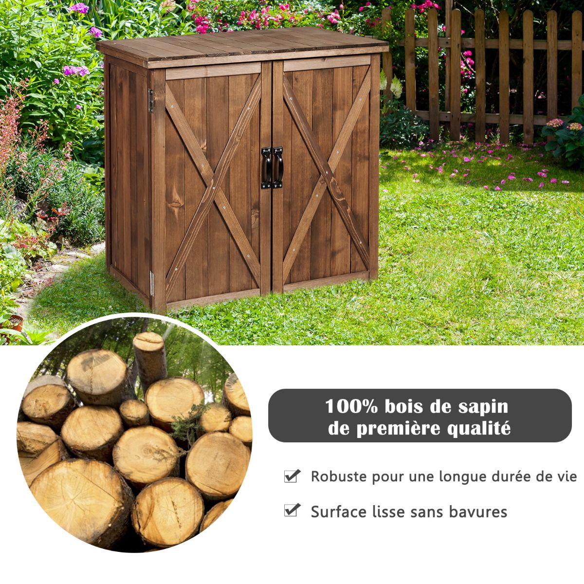 Armoire de Jardin Exterieur en Bois 77,5 x 56 x 72 cm Abri Outils avec Double Portes Marron -