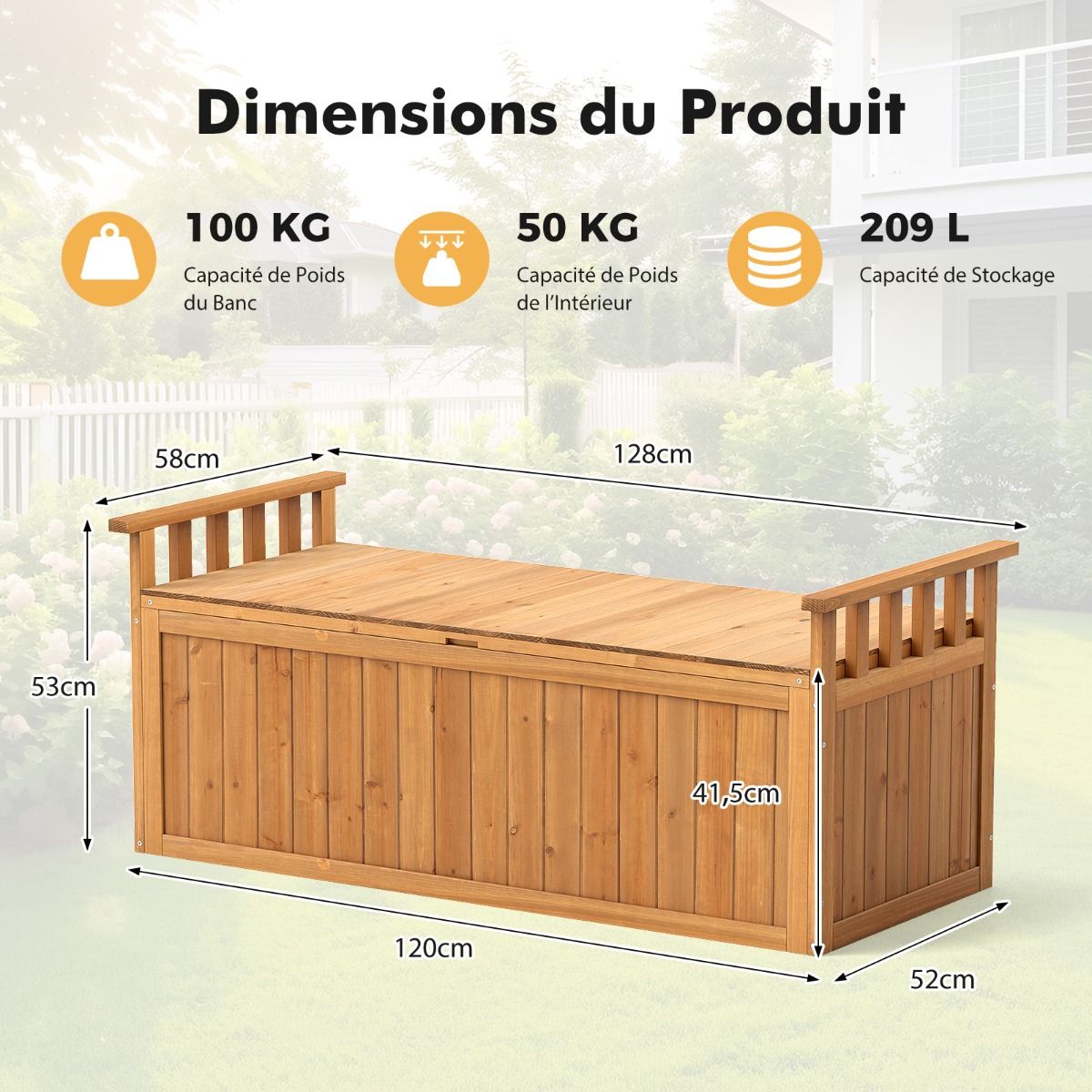 Banc de Rangement en Bois Banc d'Extrieur 2 Places de 209 L avec Accoudoirs Coffre de Stockage en Bois Charge 100KG Naturel -
