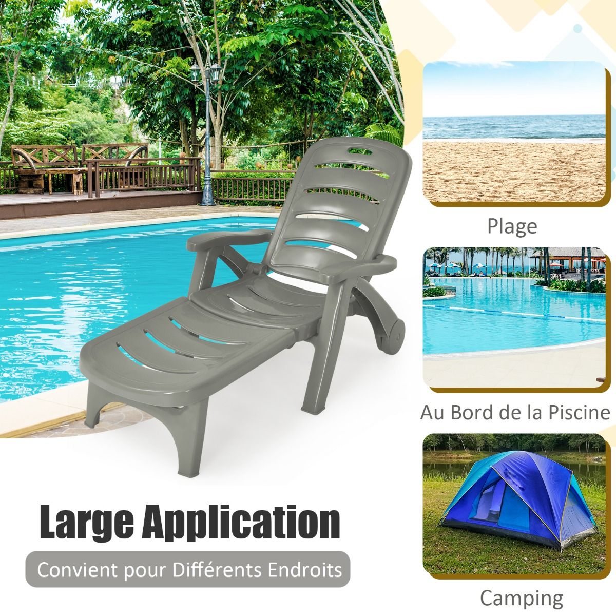 Chaise Longue Pliable Dossier Inclinable 5 Positions avec Roues Intgres pour Terrasse Jardin Piscine 150 kg Gris/Blanc/Bleu -
