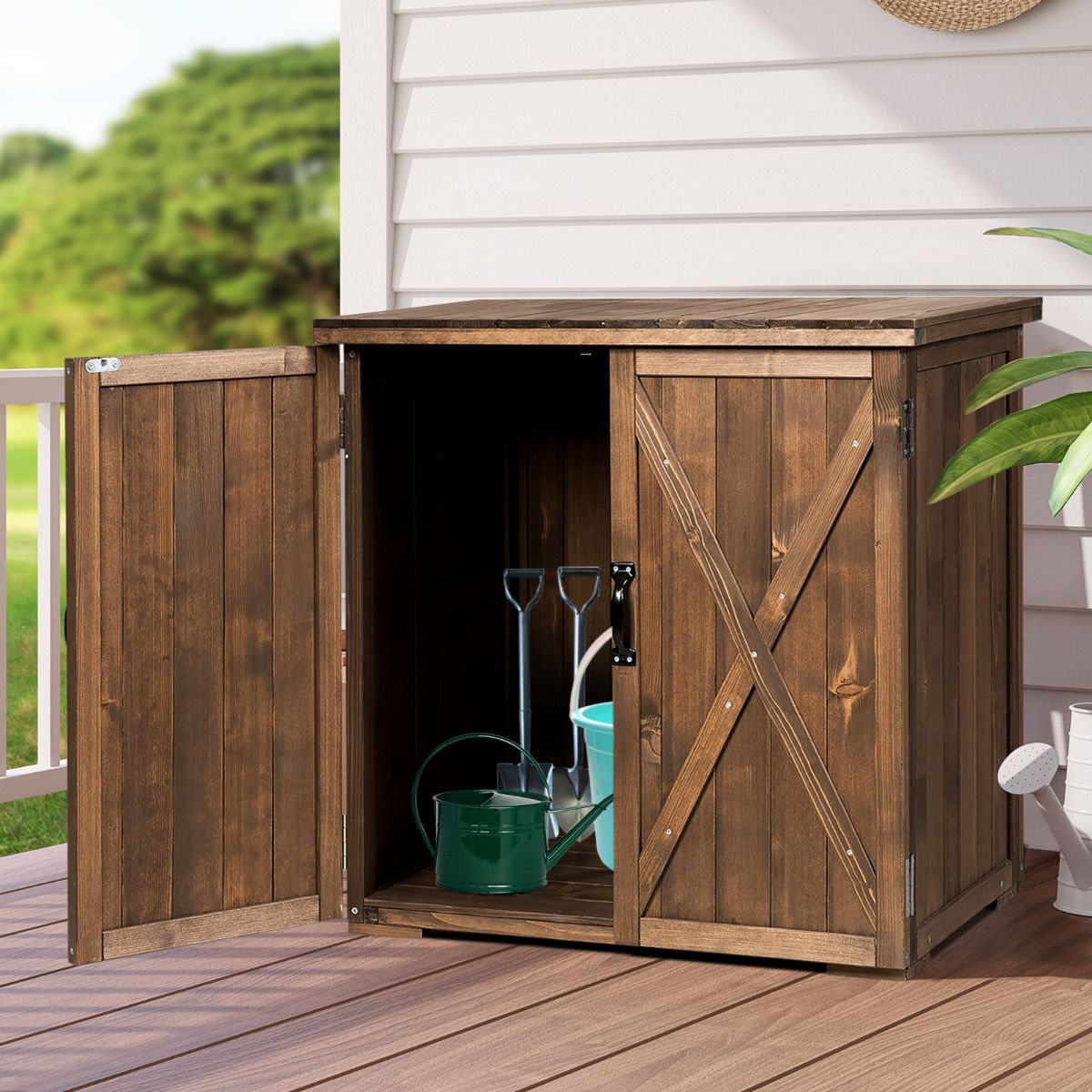 Armoire de Jardin Exterieur en Bois 77,5 x 56 x 72 cm Abri Outils avec Double Portes Marron -