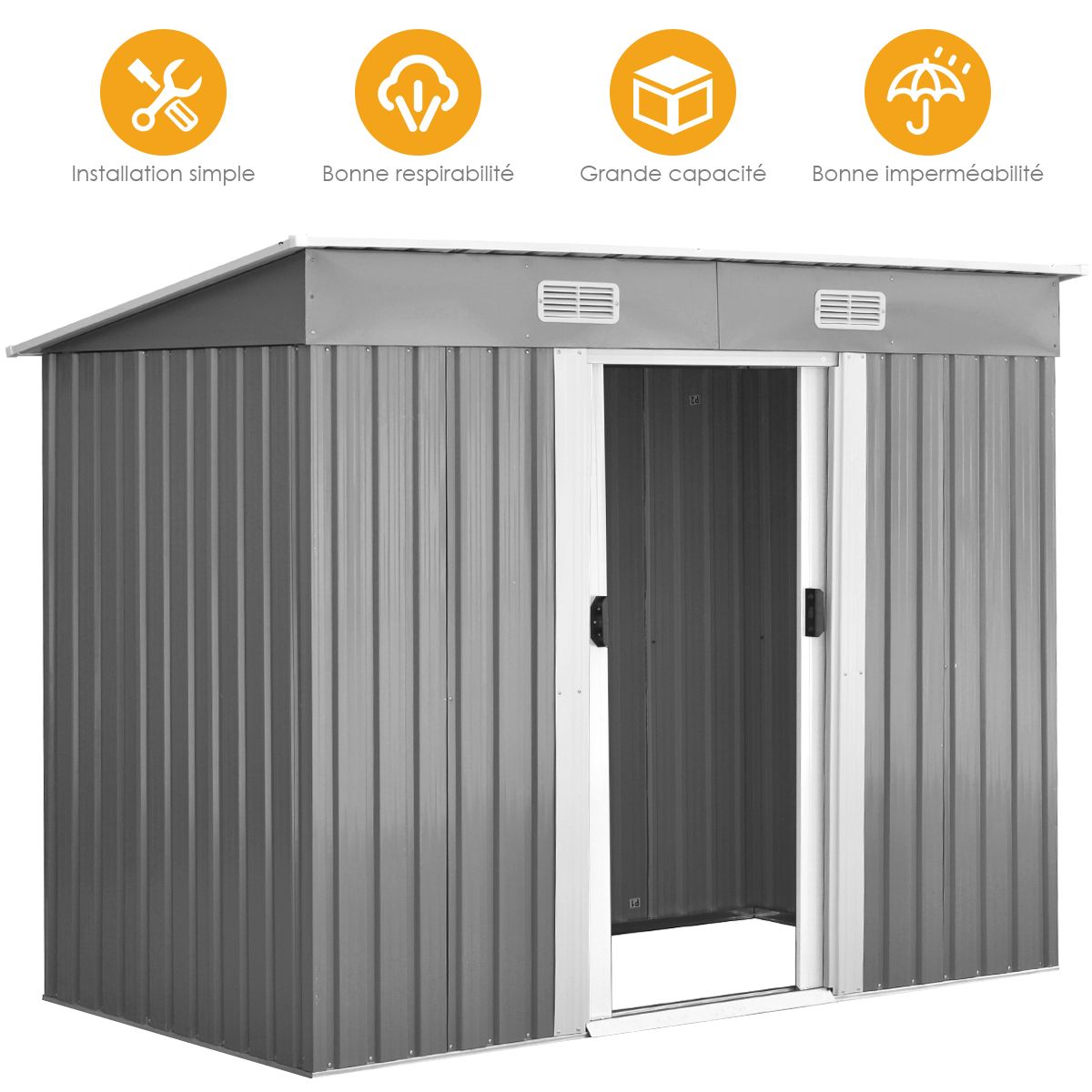 Abri de Jardin l'Extrieur en Acier Galvanis avec 2 Portes,4 Bouches d'Aration pour Stocker Outils 238 x 131 x 181CM Gris+Blanc -