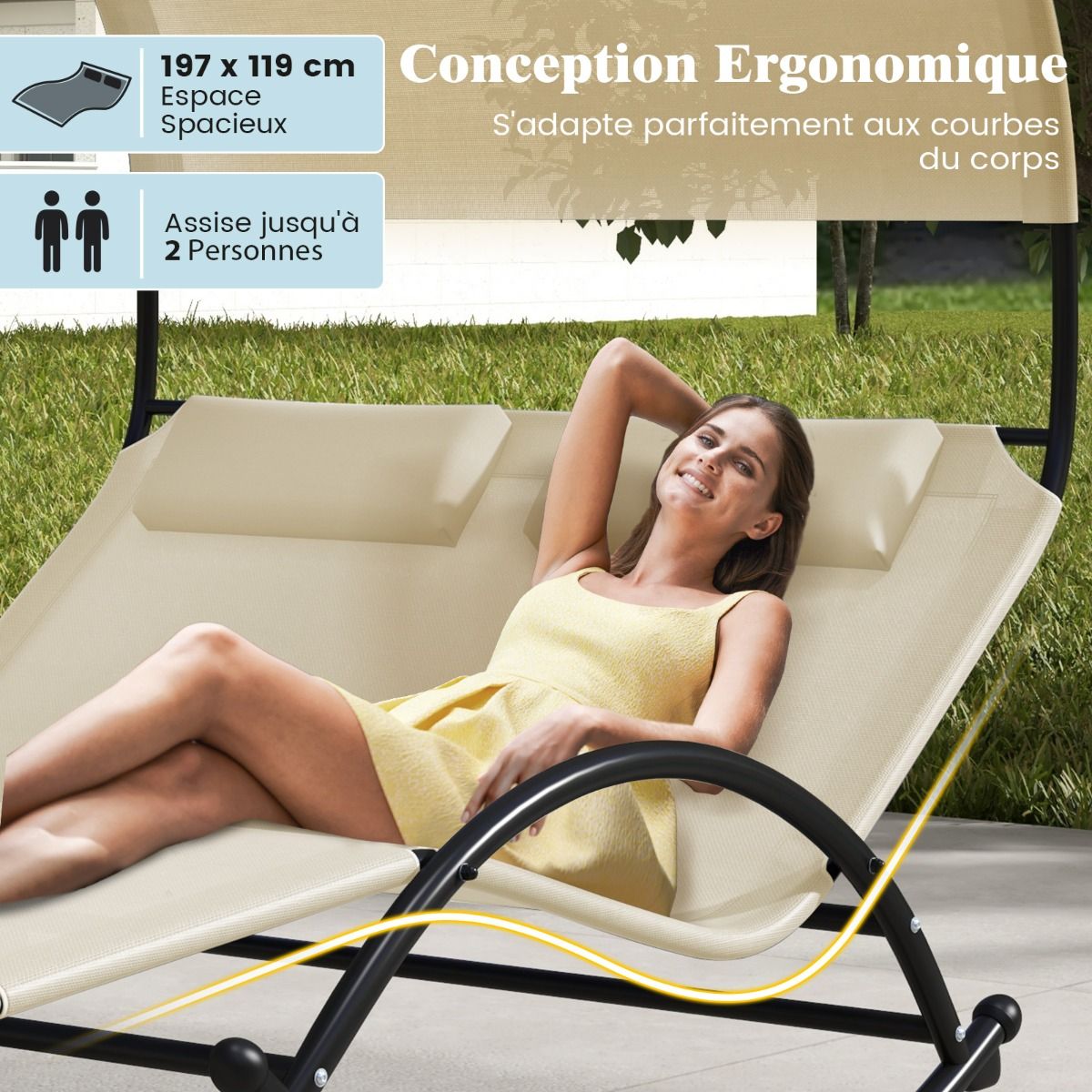 Chaise Longue Double Chaise Bascule pour 2 Personnes 2 Appui-T锚tes Amovibles Cadre en Mtal Robuste Lit de Repos Ergonomique 2 Places Gris/Noir/Beige -