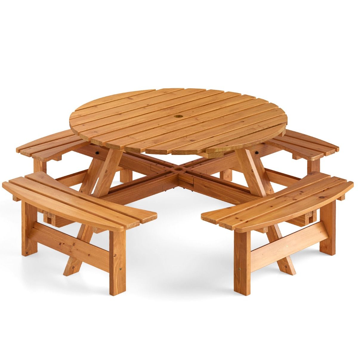 Ensemble Table de Pique-Nique en Bois pour 2 8 Personnes Set Table et Banc Circulaire avec 4 Bancs Intgrs Trou de Parasol de 5cm Marron/Jaune -