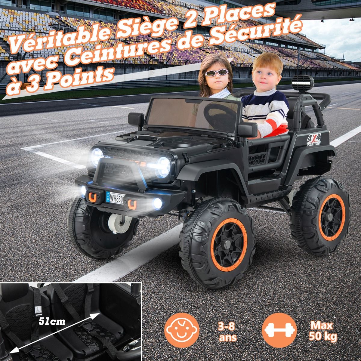 Voiture lectrique 24v pour Enfants 2 Places Tlcommande Musique Histoire Klaxon Usb Fonction de Dmarrage Lent Suspensions Ressort Blanc/Noir/Rose/Violet -