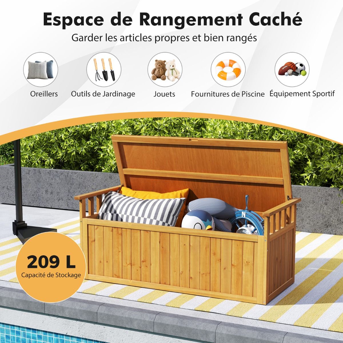 Banc de Rangement en Bois Banc d'Extrieur 2 Places de 209 L avec Accoudoirs Coffre de Stockage en Bois Charge 100KG Naturel -