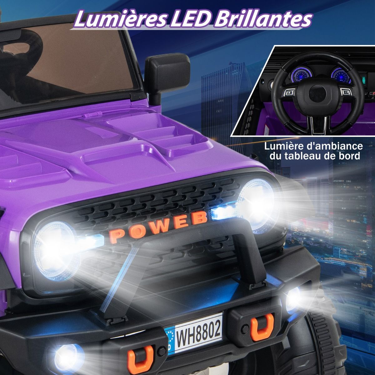 Voiture lectrique 24v pour Enfants 2 Places Tlcommande Musique Histoire Klaxon Usb Fonction de Dmarrage Lent Suspensions Ressort Blanc/Noir/Rose/Violet -