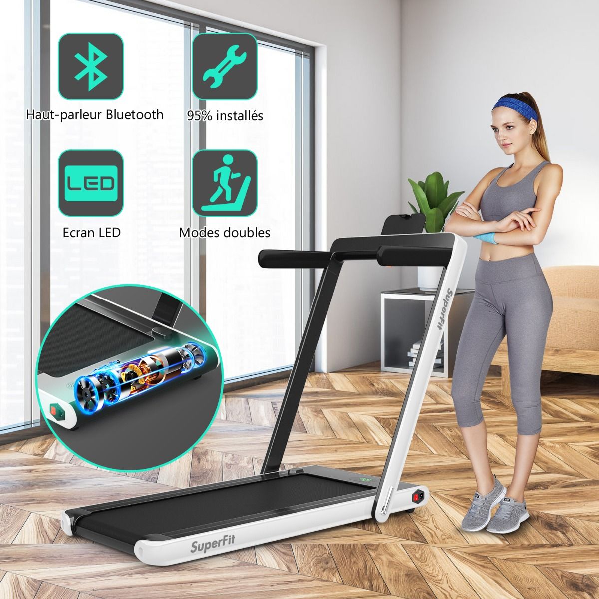 2 en 1 Tapis de Course Electrique Pliable 1 12 Km/H avec Haut-parleur Bluetooth Tlcommande Moteur 0,75HP Vert/Blanc/Noir/Rouge/Or/Noir et Argent/Bleu -