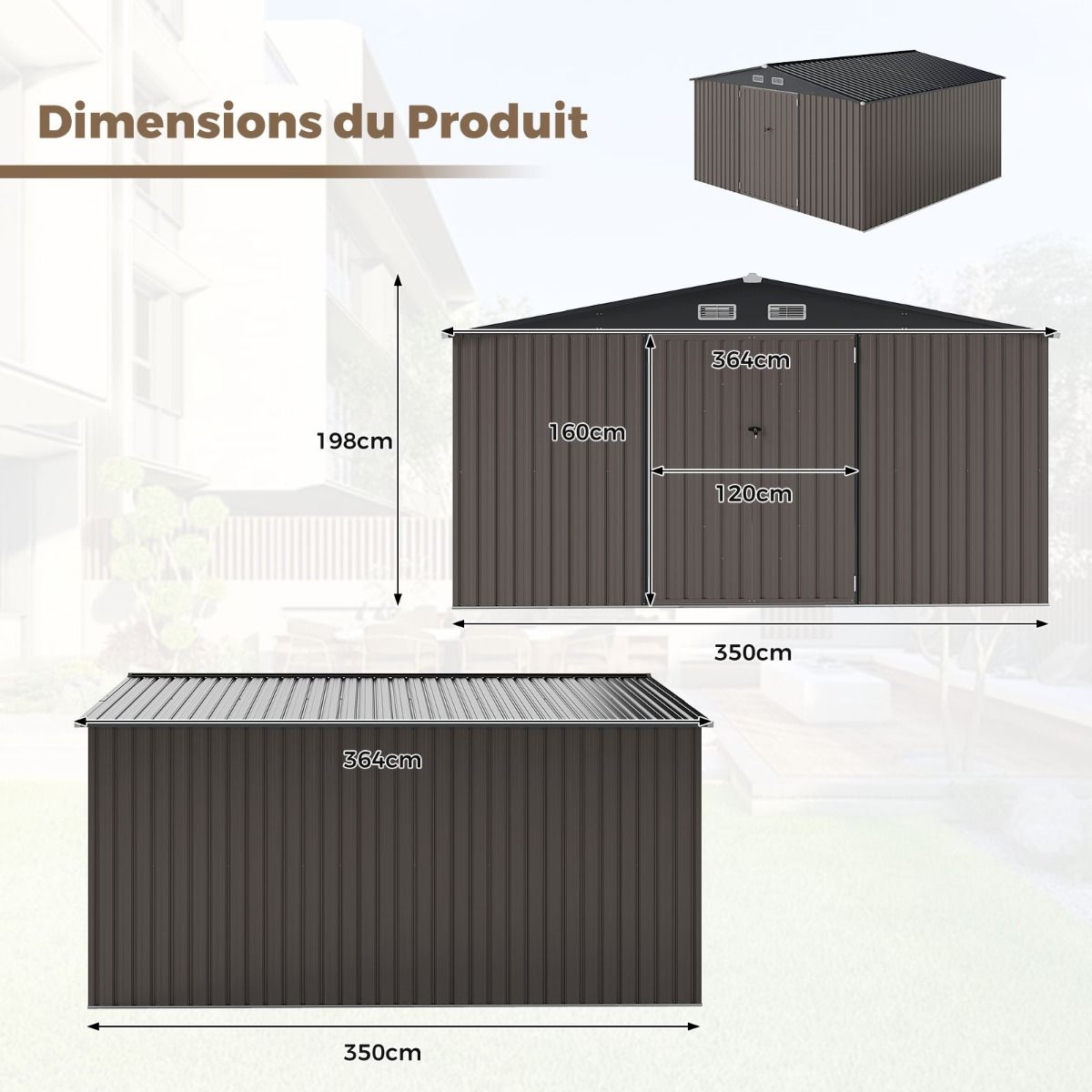 Abri de Stockage Extrieur Grand Hangar Outils avec Design de Toit Inclin Portes Fermables avec Cls 4 Arations 350x350x198cm Gris -