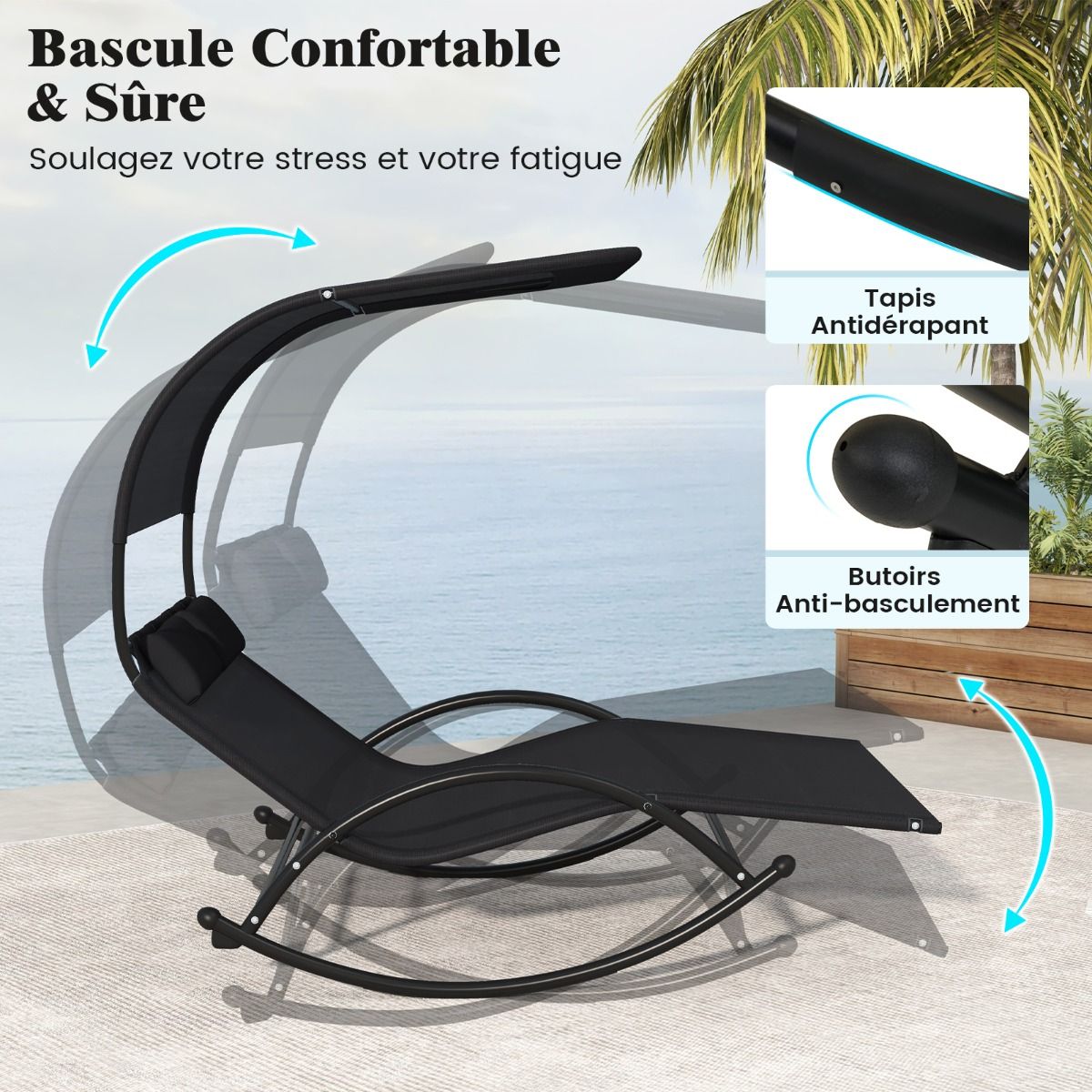 Chaise Longue Double Chaise Bascule pour 2 Personnes 2 Appui-T锚tes Amovibles Cadre en Mtal Robuste Lit de Repos Ergonomique 2 Places Gris/Noir/Beige -