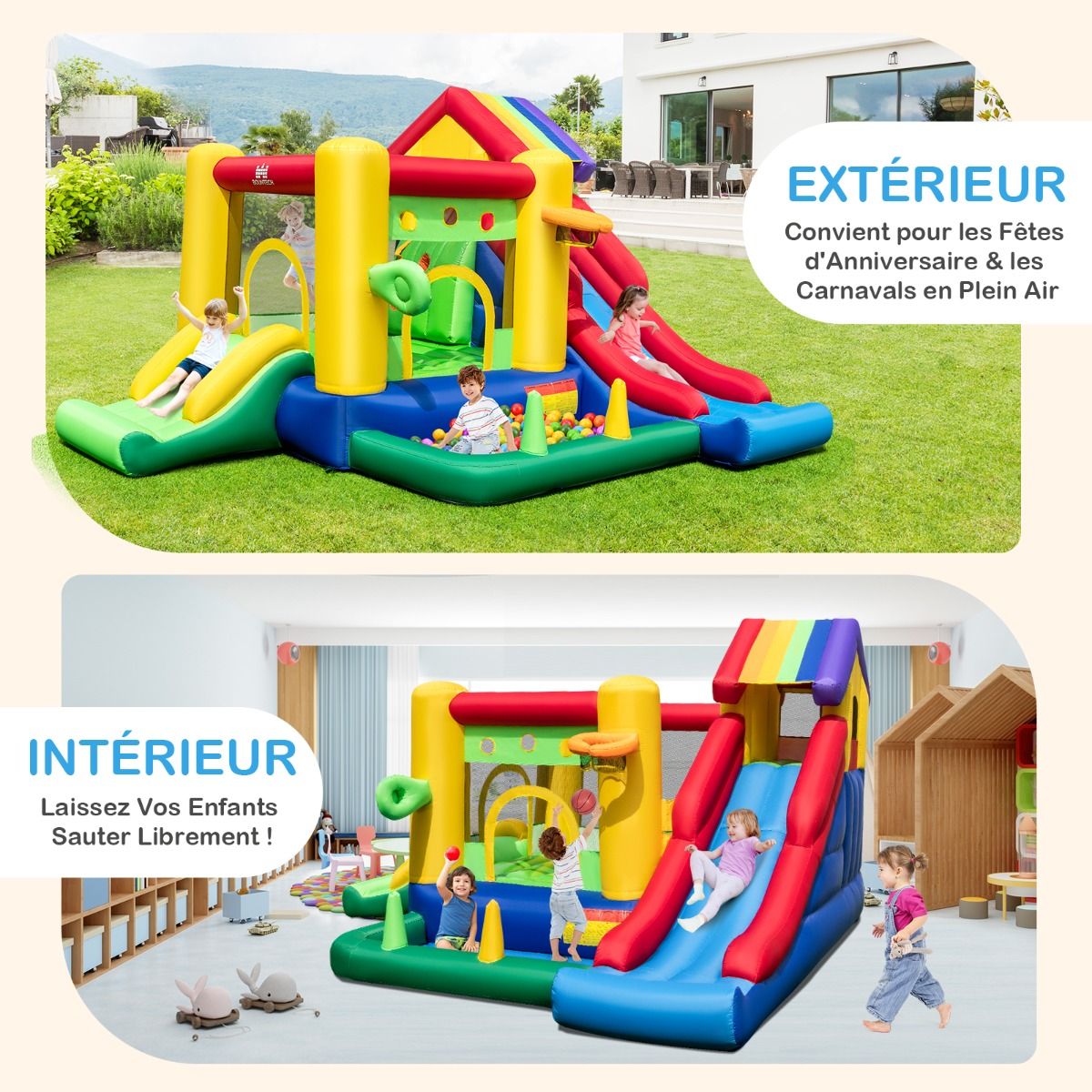 Ch芒teau Gonflable Thme Arc-en-ciel 7 en 1 avec Ventilateur Double Toboggans Piscine Balles Panier de Basket Charge 90kg -
