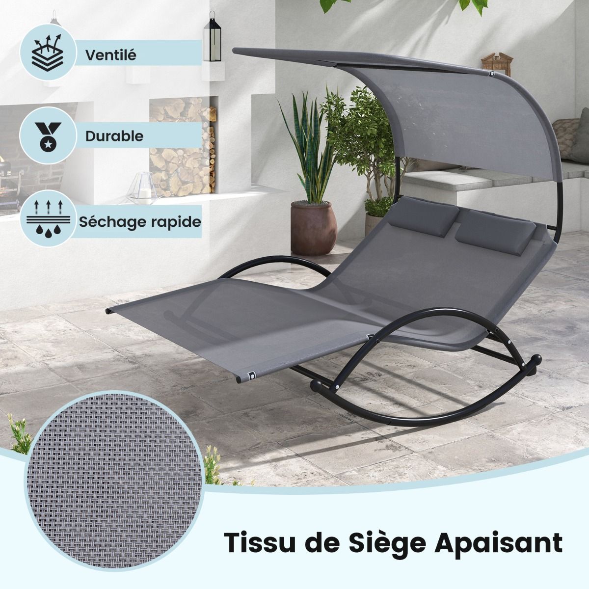 Chaise Longue Double Chaise Bascule pour 2 Personnes 2 Appui-T锚tes Amovibles Cadre en Mtal Robuste Lit de Repos Ergonomique 2 Places Gris/Noir/Beige -