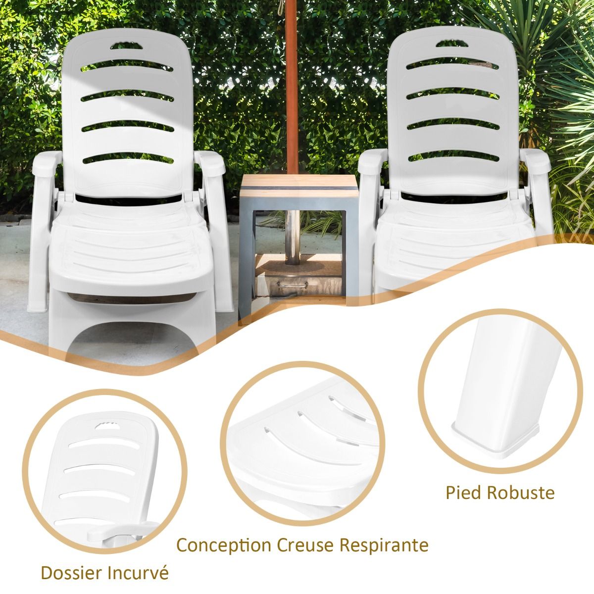 Chaise Longue Pliable Dossier Inclinable 5 Positions avec Roues Intgres pour Terrasse Jardin Piscine 150 kg Gris/Blanc/Bleu -