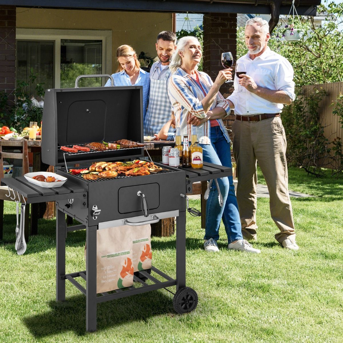 Barbecue Charbon de Bois Portable avec 2 Tables d'Appoint Noir -