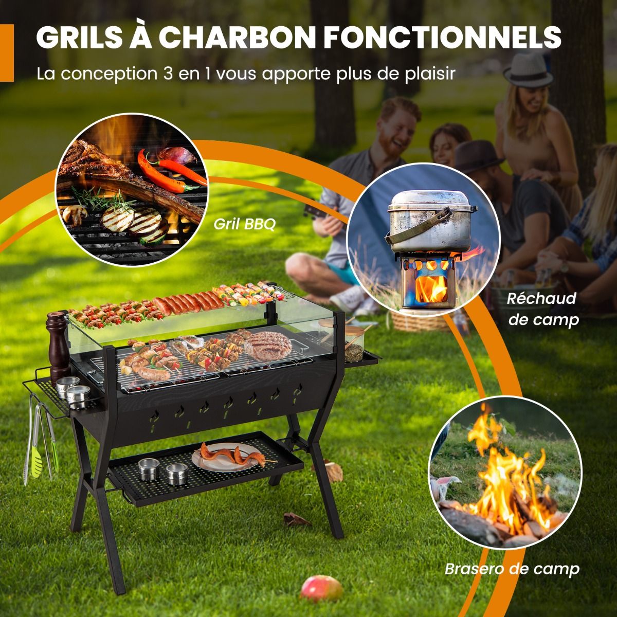 Barbecue Charbon de Bois Gril au Charbon de Bois en Acier Inoxydable avec Pare-vent Supports d'Assaisonnement tagre de Rangement Marron -