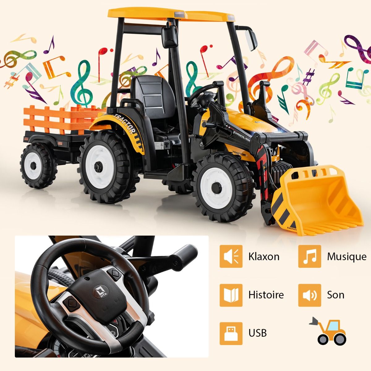 12V Tracteur lectrique Enfants avec Pelle&Remorque Amovible Vhicule lectrique 6 Roues avec Tlcommande & Musique 3-6 km/h pour 3-8 Ans Jaune/Vert -