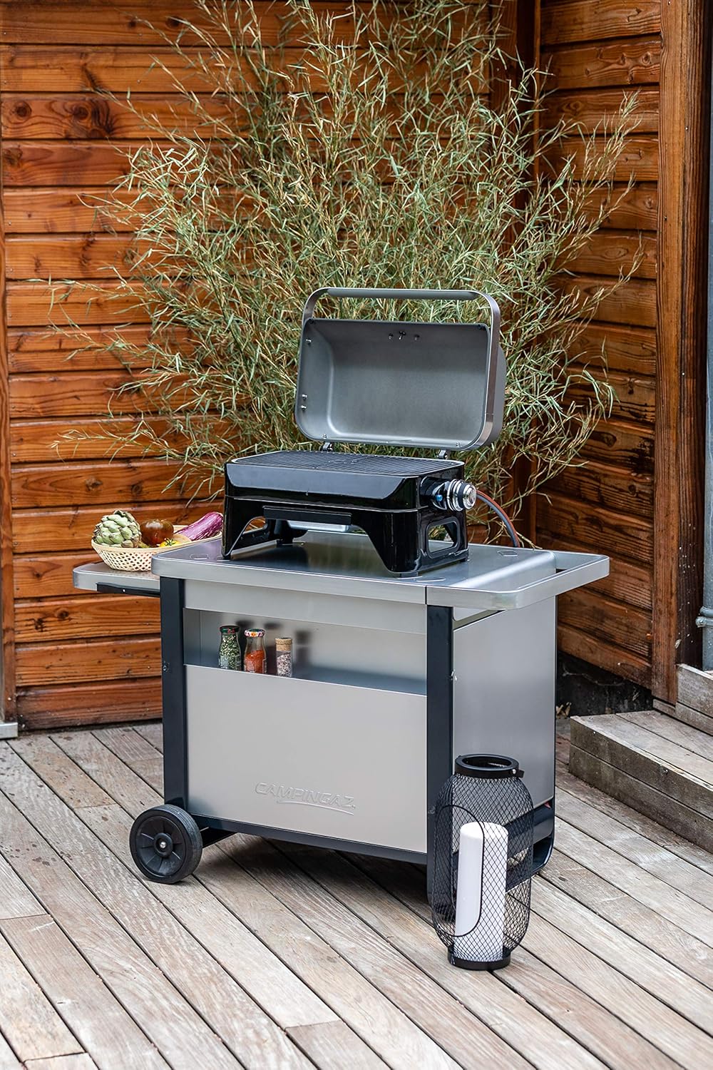 Attitude2go,Barbecue de Table Faible fume,BBQ Portable, Couvercle,thermomtre,et Grille en Fonte,Alimentation : Cartouche de gaz CV 470 Plus,Gris