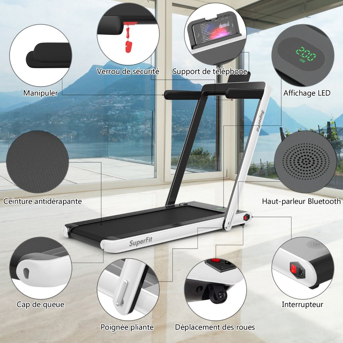 2 en 1 Tapis de Course Electrique Pliable 1 12 Km/H avec Haut-parleur Bluetooth Tlcommande Moteur 0,75HP Vert/Blanc/Noir/Rouge/Or/Noir et Argent/Bleu -