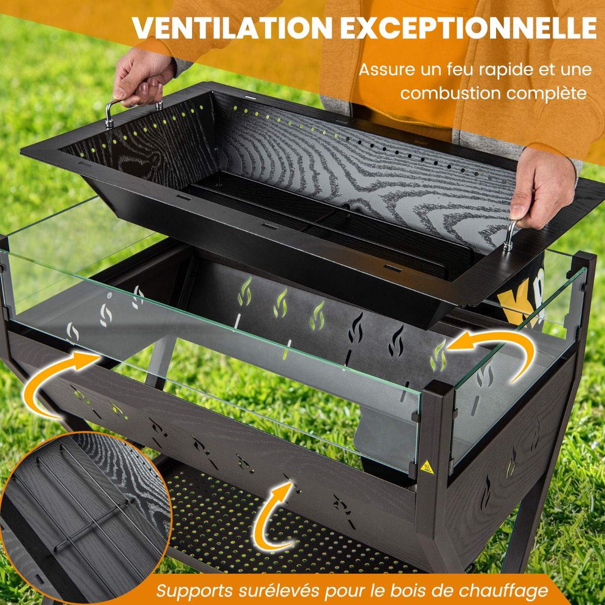 Barbecue Charbon de Bois Gril au Charbon de Bois en Acier Inoxydable avec Pare-vent Supports d'Assaisonnement tagre de Rangement Marron -
