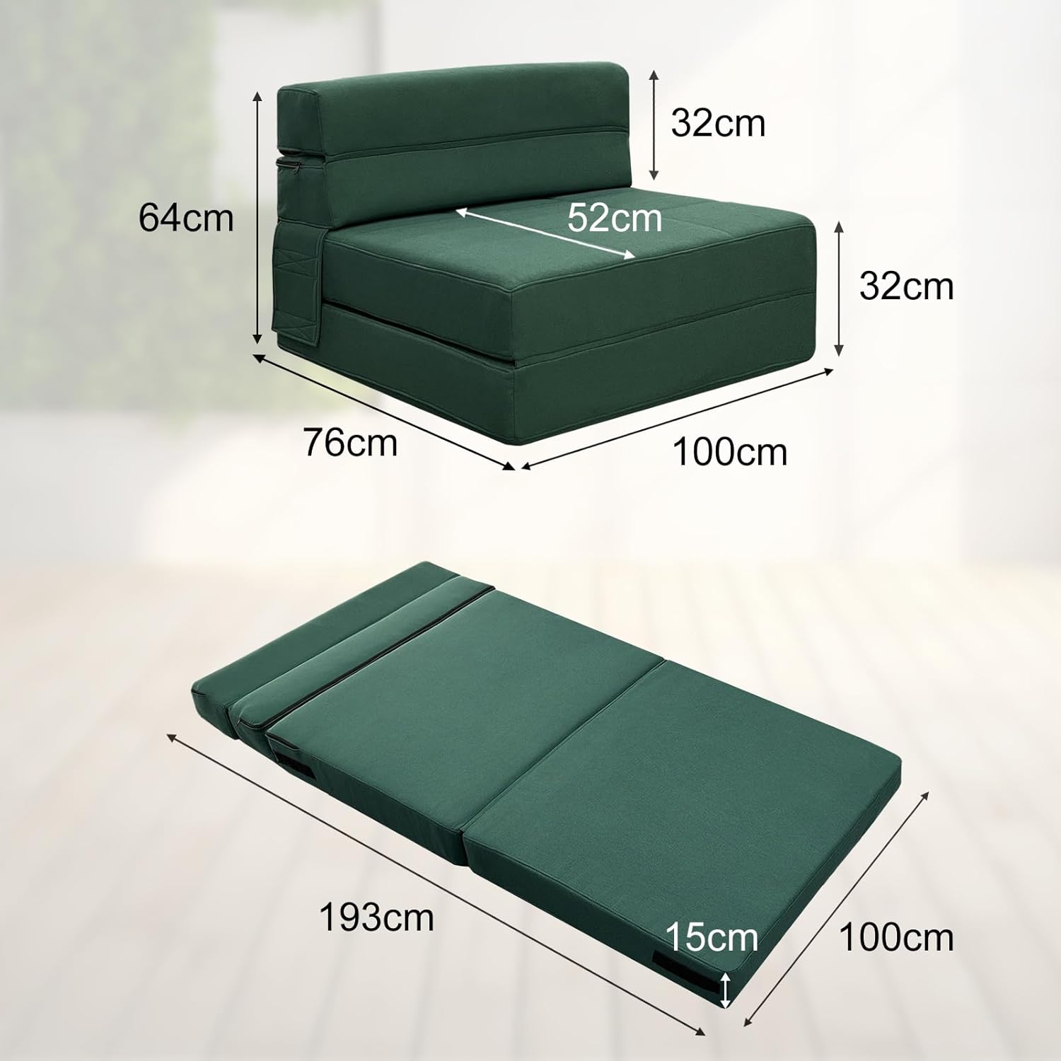 ANONER Canapé de Sol Convertible Canapé Convertible 1 Place, Canape Lit 1 Place en Mousse à Mémoire de Forme & Oreiller, Matelas Pliant Sofa pour Chambre Salon, Vert Foncé