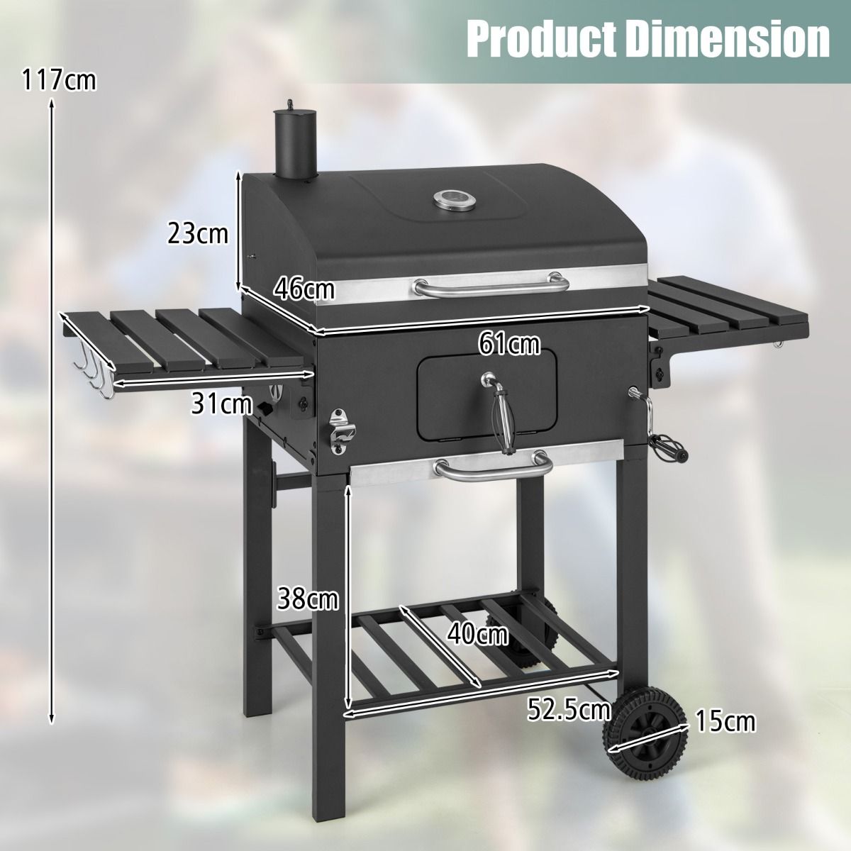 Barbecue Charbon de Bois Portable avec 2 Tables d'Appoint Noir -