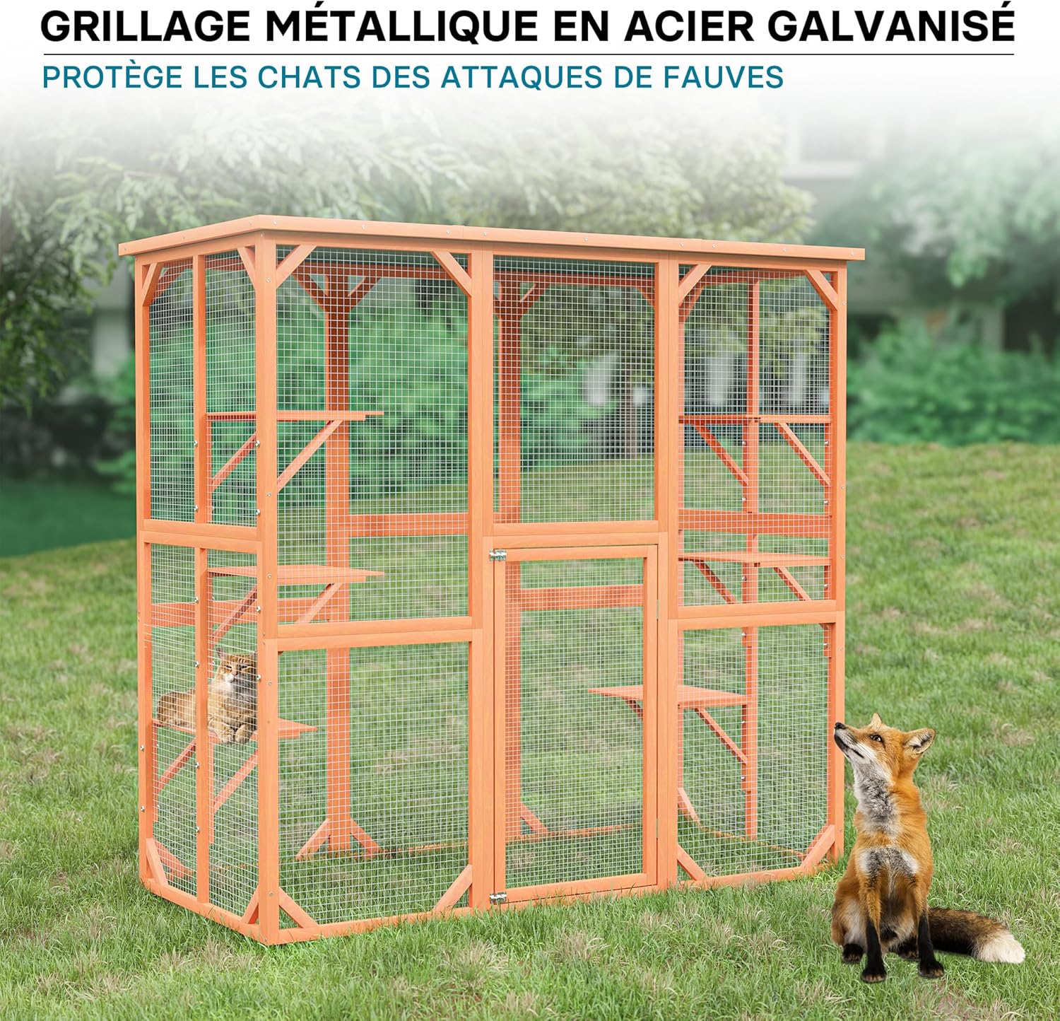 Wiltec Enclos extérieur – 168 x 82 x 166,5 cm – en Bois de Sapin et avec Grillage – Parc pour Chat résistant aux intempéries – avec 6 Zones de Repos – Félins