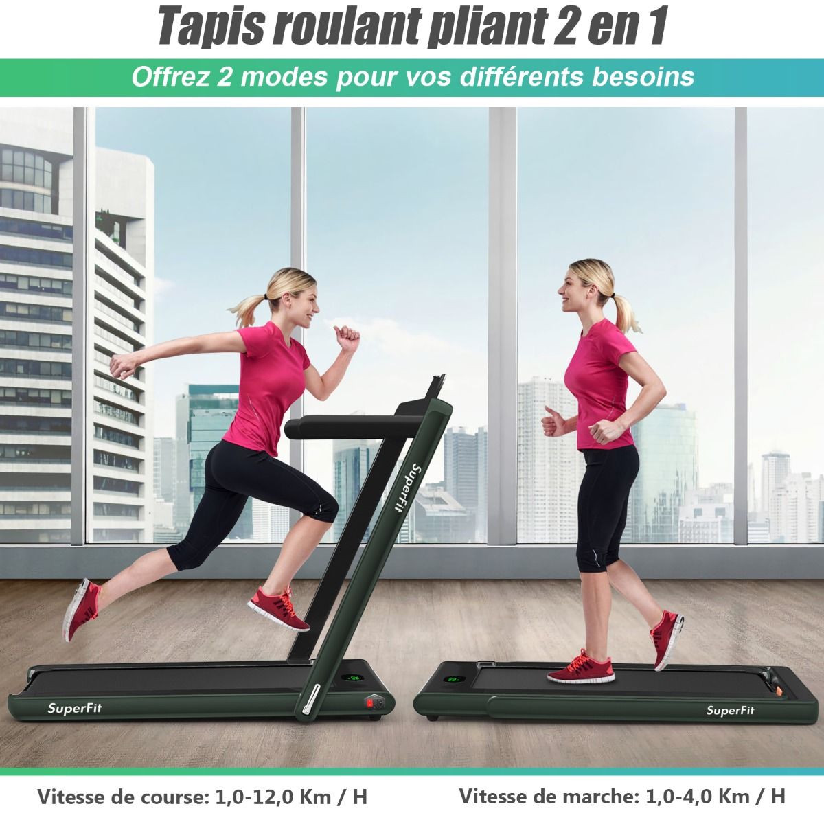 2 en 1 Tapis de Course Electrique Pliable 1 12 Km/H avec Haut-parleur Bluetooth Tlcommande Moteur 0,75HP Vert/Blanc/Noir/Rouge/Or/Noir et Argent/Bleu -