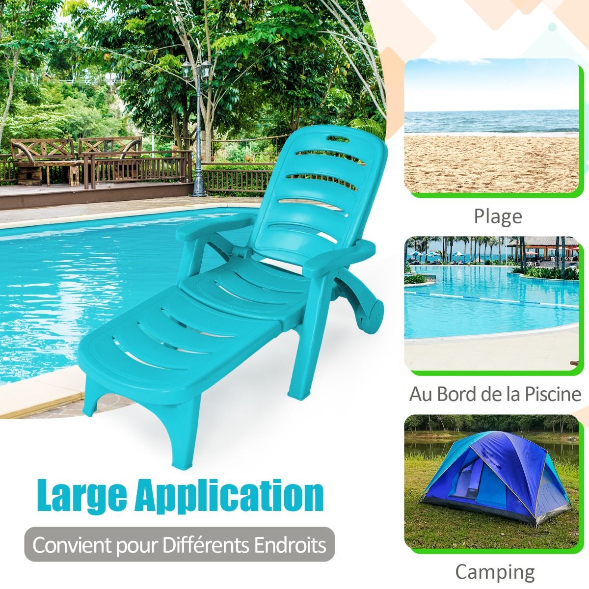 Chaise Longue Pliable Dossier Inclinable 5 Positions avec Roues Intgres pour Terrasse Jardin Piscine 150 kg Gris/Blanc/Bleu -