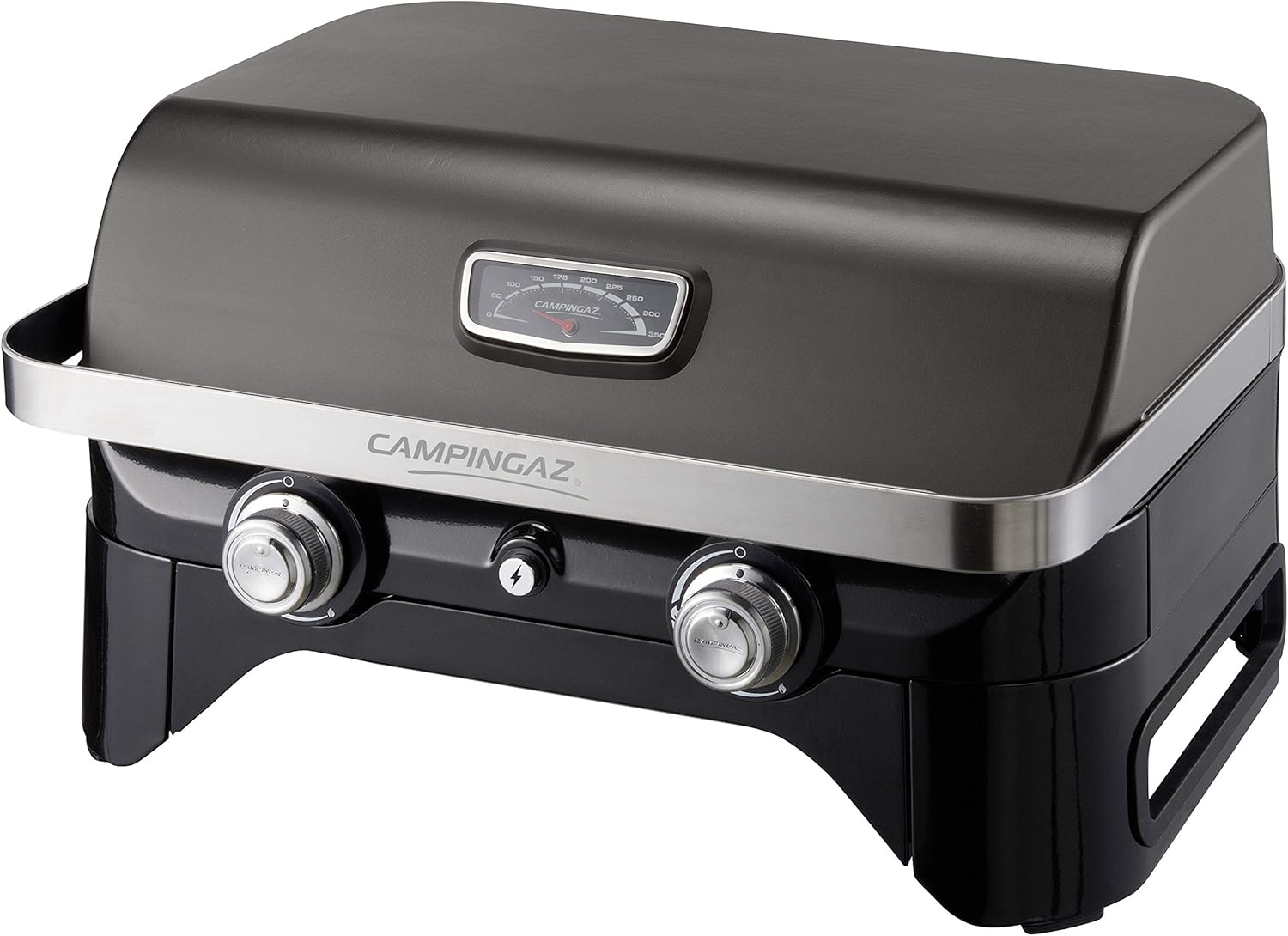Attitude2go,Barbecue de Table Faible fume,BBQ Portable, Couvercle,thermomtre,et Grille en Fonte,Alimentation : Cartouche de gaz CV 470 Plus,Gris