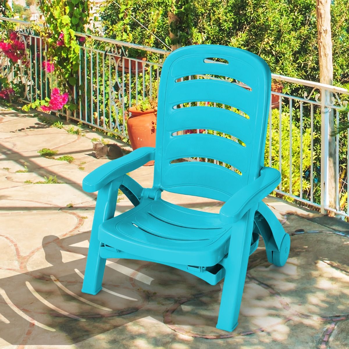 Chaise Longue Pliable Dossier Inclinable 5 Positions avec Roues Intgres pour Terrasse Jardin Piscine 150 kg Gris/Blanc/Bleu -
