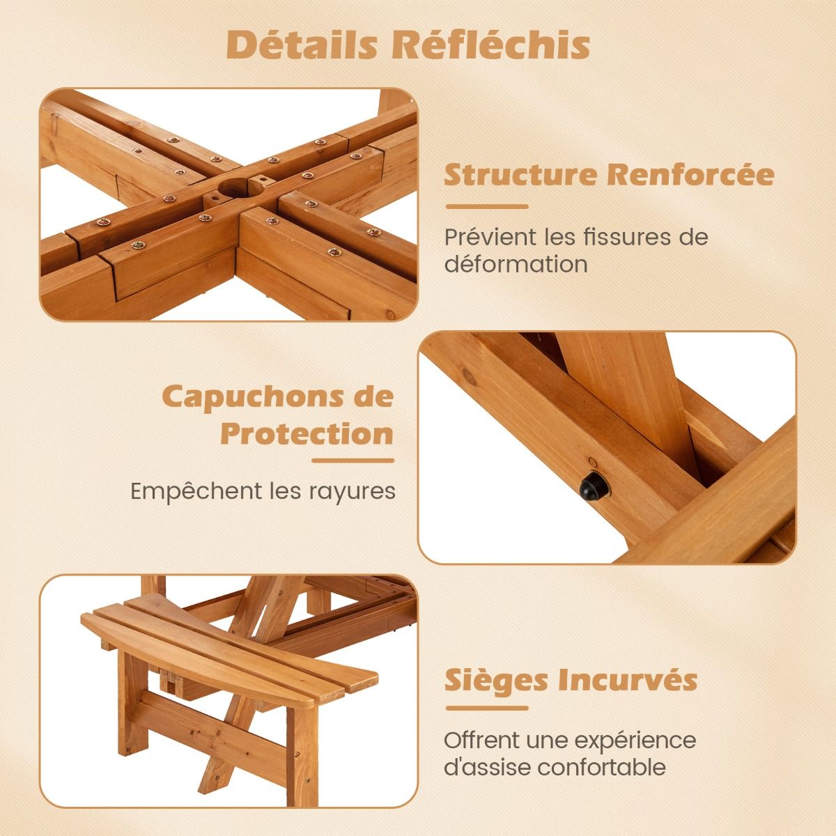 Ensemble Table de Pique-Nique en Bois pour 2 8 Personnes Set Table et Banc Circulaire avec 4 Bancs Intgrs Trou de Parasol de 5cm Marron/Jaune -
