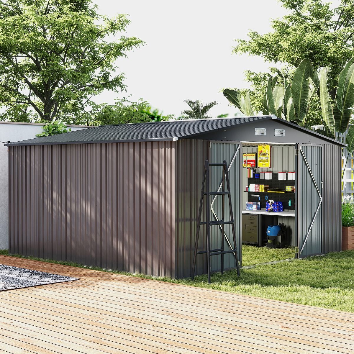 Abri de Stockage Extrieur Grand Hangar Outils avec Design de Toit Inclin Portes Fermables avec Cls 4 Arations 350x350x198cm Gris -