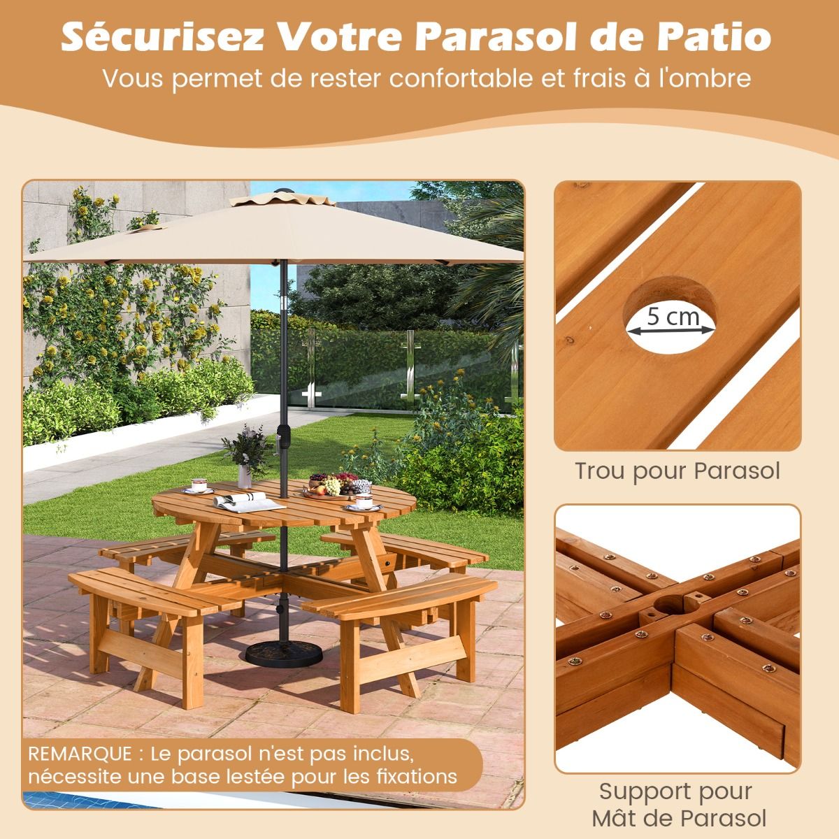 Ensemble Table de Pique-Nique en Bois pour 2 8 Personnes Set Table et Banc Circulaire avec 4 Bancs Intgrs Trou de Parasol de 5cm Marron/Jaune -