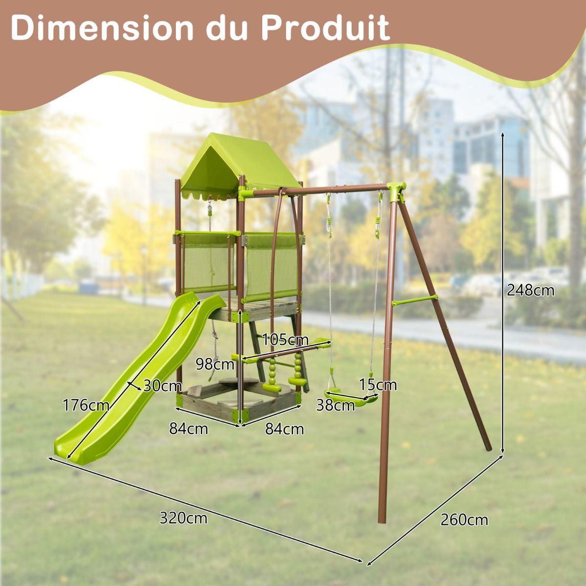 Balanoire 7-en-1 Aire de Jeu en Mtal avec Fort Couvert Rglable en Hauteur Corde d'Escalade Bac Sable Glisseur Toboggan Ondul Vert -