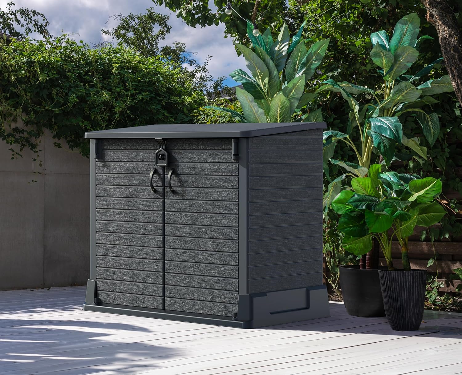 Duramax StoreAway 1200L Plastic Garden Shed/ Flat Lid,Outdoor Storage Shed,Wheelie Bin Hideaways,Wheelie bin box,Durable Construction,Ideal for Bikes,BBQs & 2x 240L Bins,145x85x125 cm,Brown