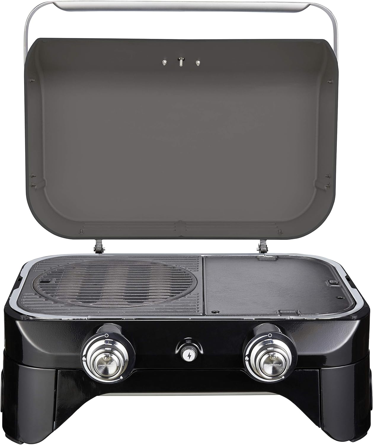 Attitude2go,Barbecue de Table Faible fume,BBQ Portable, Couvercle,thermomtre,et Grille en Fonte,Alimentation : Cartouche de gaz CV 470 Plus,Gris