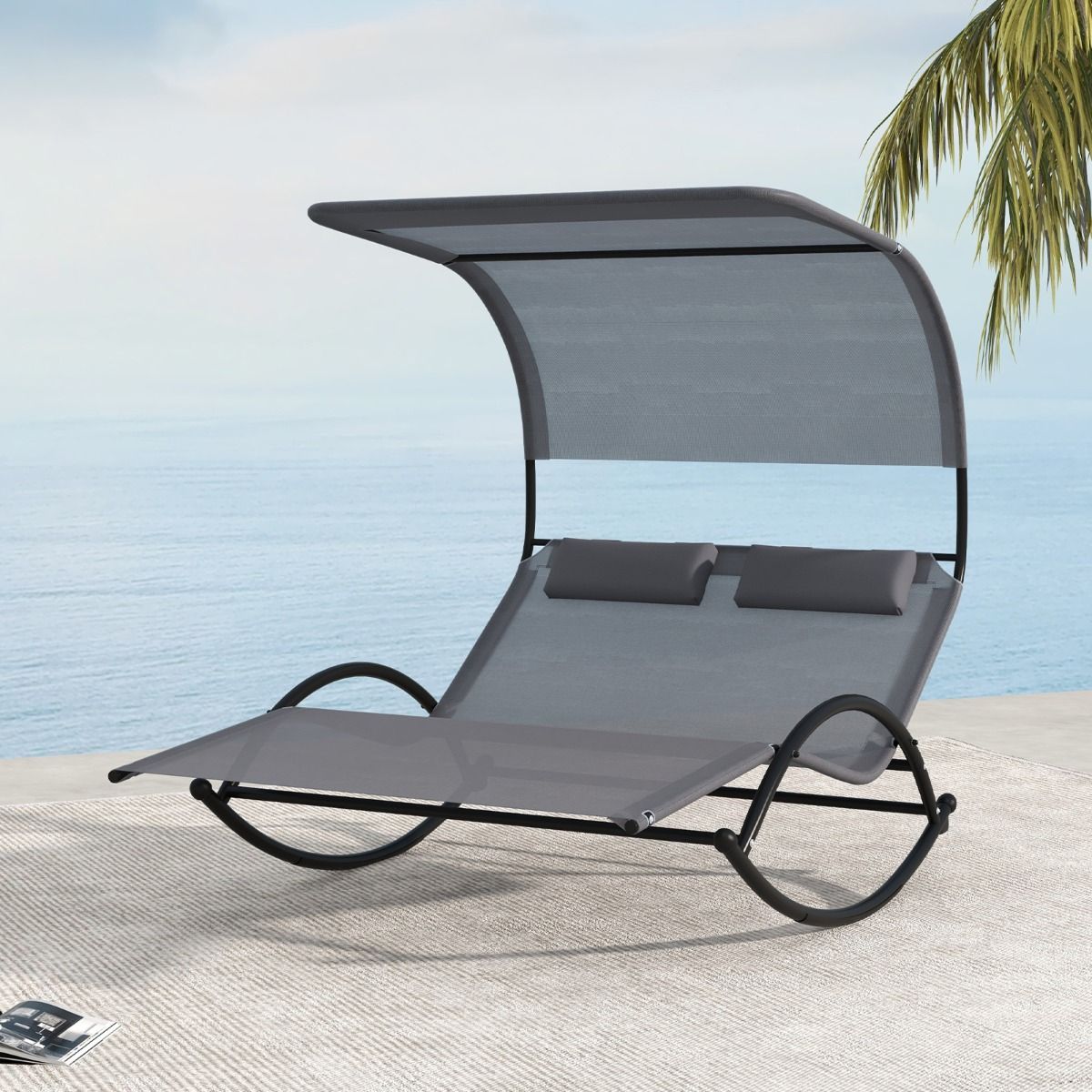 Chaise Longue Double Chaise Bascule pour 2 Personnes 2 Appui-T锚tes Amovibles Cadre en Mtal Robuste Lit de Repos Ergonomique 2 Places Gris/Noir/Beige -