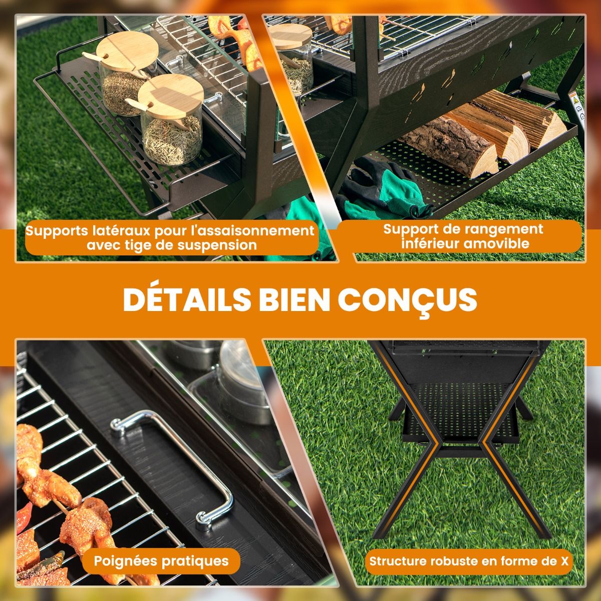 Barbecue Charbon de Bois Gril au Charbon de Bois en Acier Inoxydable avec Pare-vent Supports d'Assaisonnement tagre de Rangement Marron -