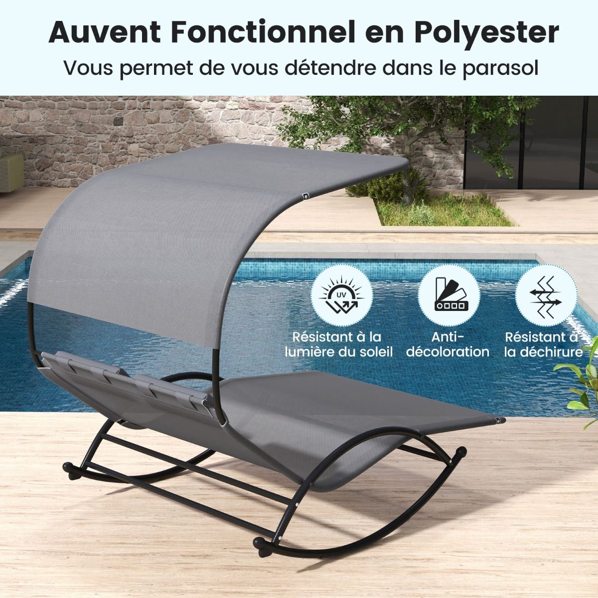 Chaise Longue Double Chaise Bascule pour 2 Personnes 2 Appui-T锚tes Amovibles Cadre en Mtal Robuste Lit de Repos Ergonomique 2 Places Gris/Noir/Beige -