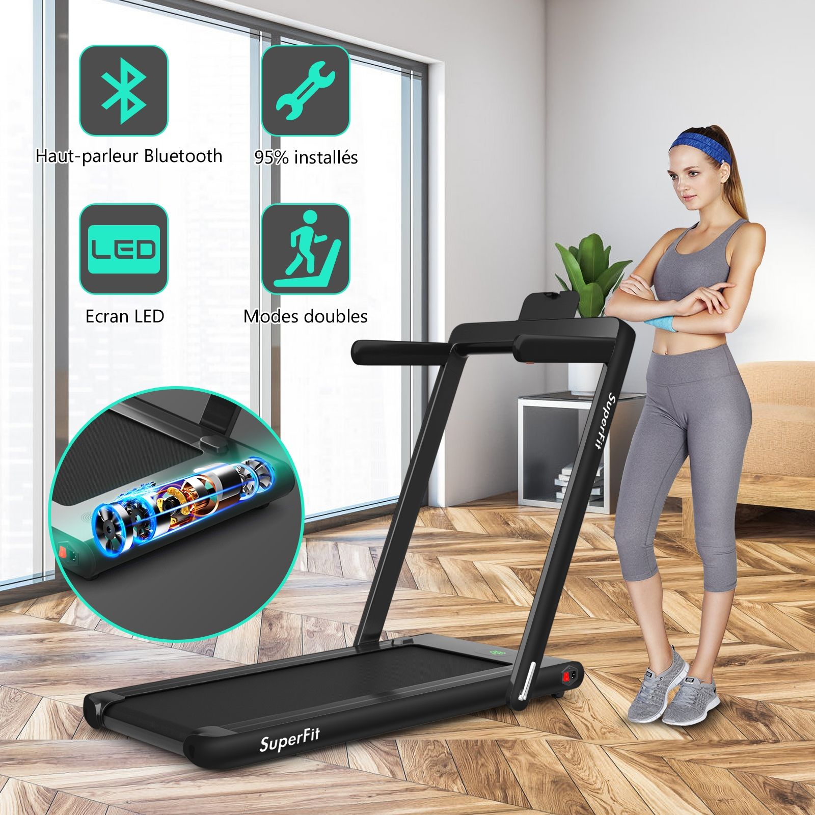 2 en 1 Tapis de Course Electrique Pliable 1 12 Km/H avec Haut-parleur Bluetooth Tlcommande Moteur 0,75HP Vert/Blanc/Noir/Rouge/Or/Noir et Argent/Bleu -