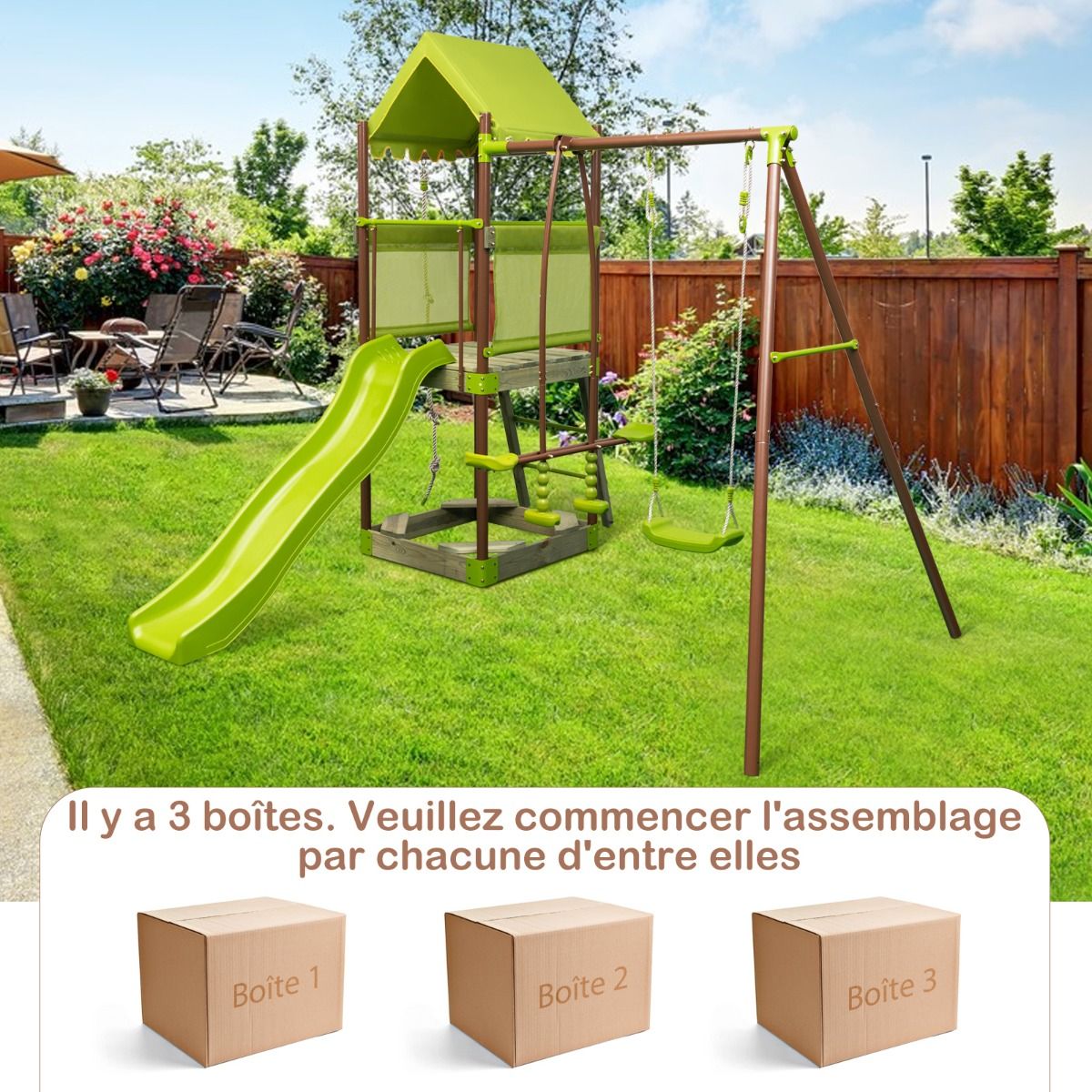 Balanoire 7-en-1 Aire de Jeu en Mtal avec Fort Couvert Rglable en Hauteur Corde d'Escalade Bac Sable Glisseur Toboggan Ondul Vert -