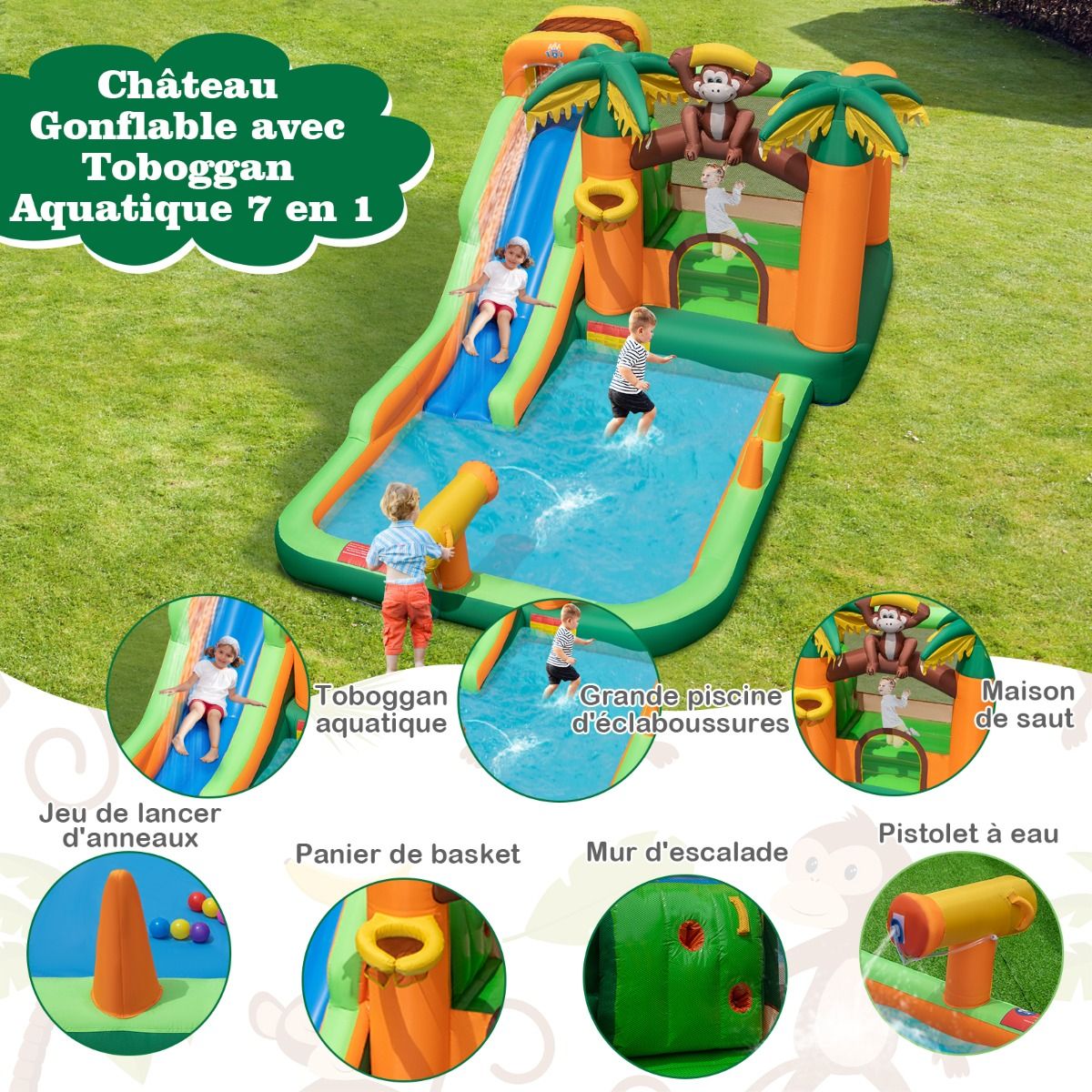 7 en 1 Ch芒teau Gonflable Tropical Thme Singe & Palmier avec Toboggan Aquatique avec Piscine & 50 Boules Charge 90kg pour 2 Enfants de 3-10 Ans -
