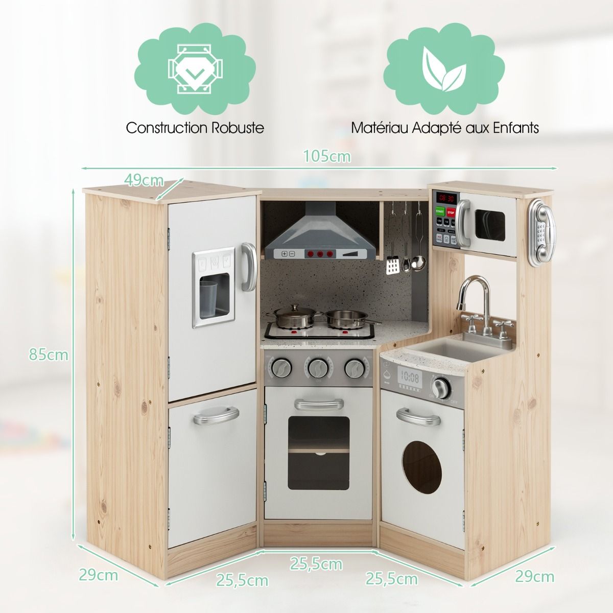 Cuisine Enfants en Bois XXL Angle 105 x 49 x 85 cm ( L x l x H ) Cuisine Complet avec Four Lave Linge 3 An+ -