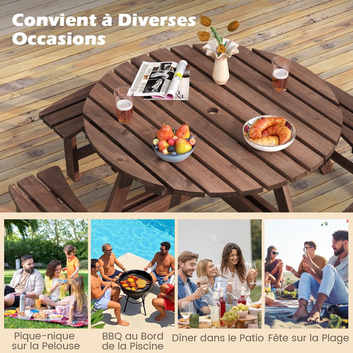 Ensemble Table de Pique-Nique en Bois pour 2 8 Personnes Set Table et Banc Circulaire avec 4 Bancs Intgrs Trou de Parasol de 5cm Marron/Jaune -