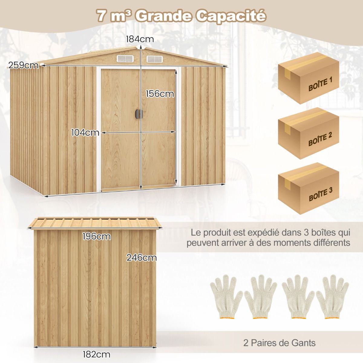 Abri de Rangement 259cm x196cm avec Base de Fondation Maison Outils en Mtal Galvanis avec 4 Arations Impermable et Coupe-vent Naturel -