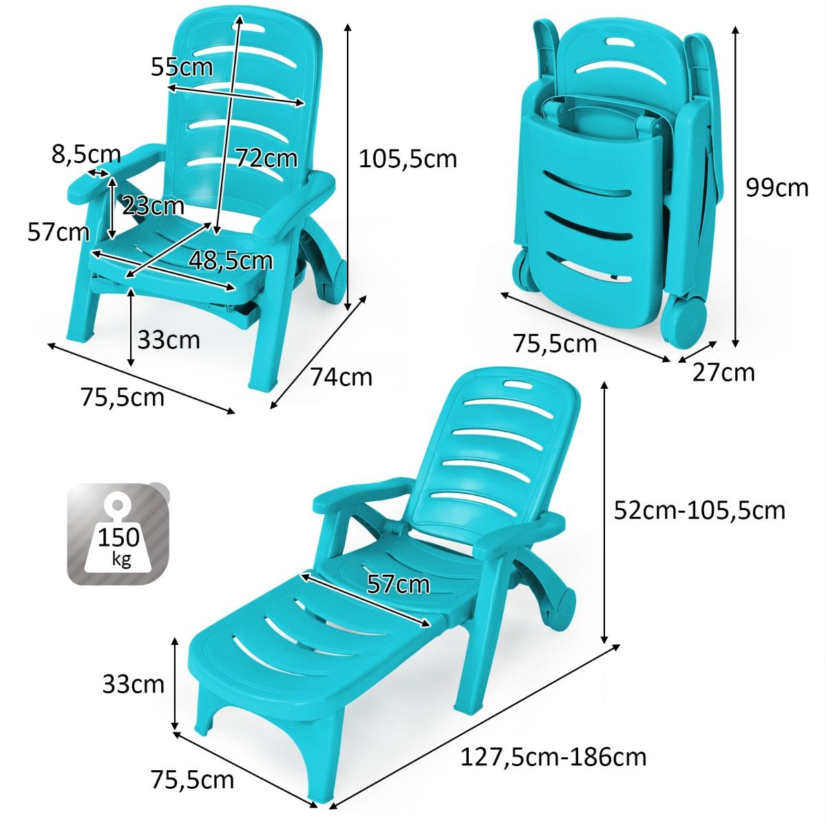 Chaise Longue Pliable Dossier Inclinable 5 Positions avec Roues Intgres pour Terrasse Jardin Piscine 150 kg Gris/Blanc/Bleu -