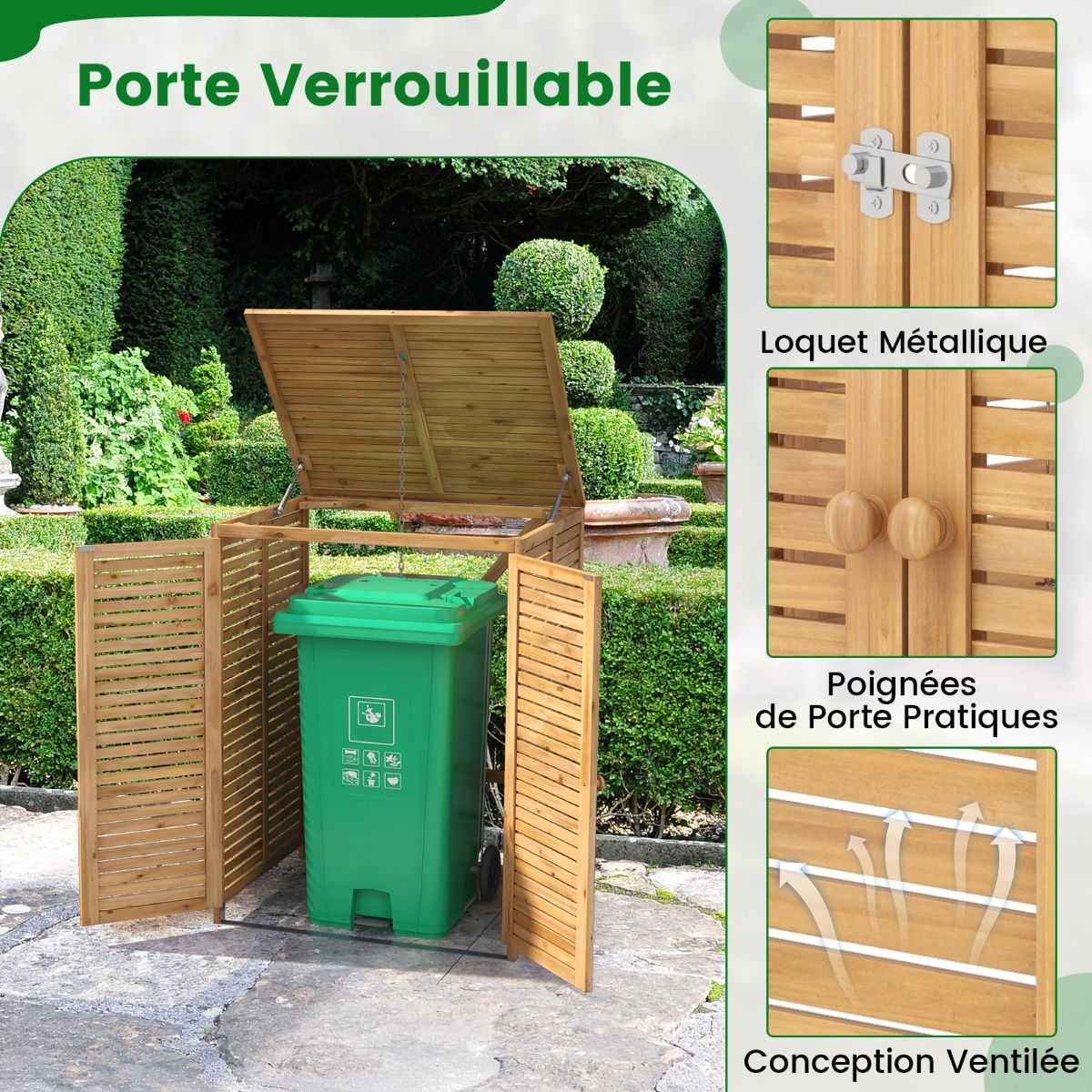 Abri Poubelle en Bois de 120 L Abri pour Outils d'Extrieur avec Couvercle Ouvrable Doubles Portes Loquet de Verrouillage Naturel -